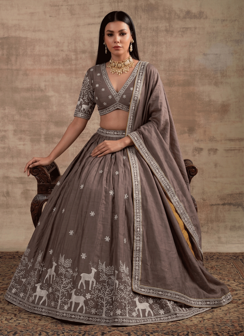 Brown Satin Silk Embroidered Lehenga Choli for Women
