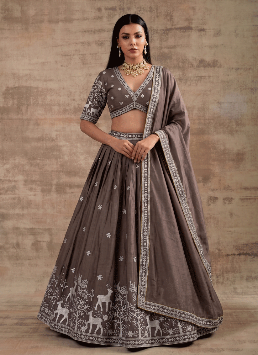 Brown Satin Silk Embroidered Lehenga Choli for Women