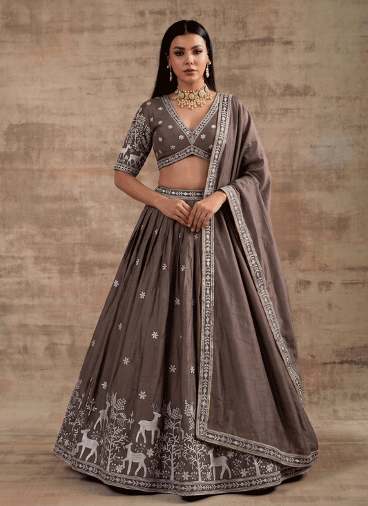 Brown Satin Silk Embroidered Lehenga Choli for Women