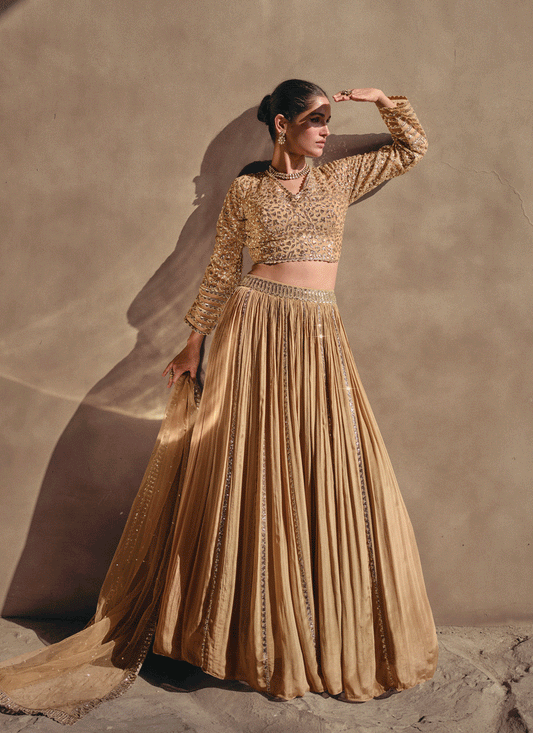 Fawn Chinnon Silk Designer Readymade Lehenga Choli