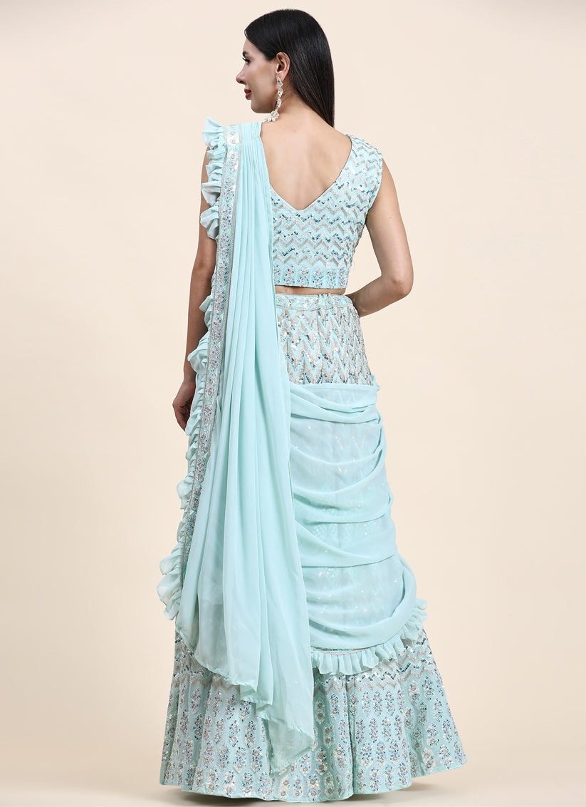 Ice Blue Pure Viscose Georgette Readymade Lehenga Choli