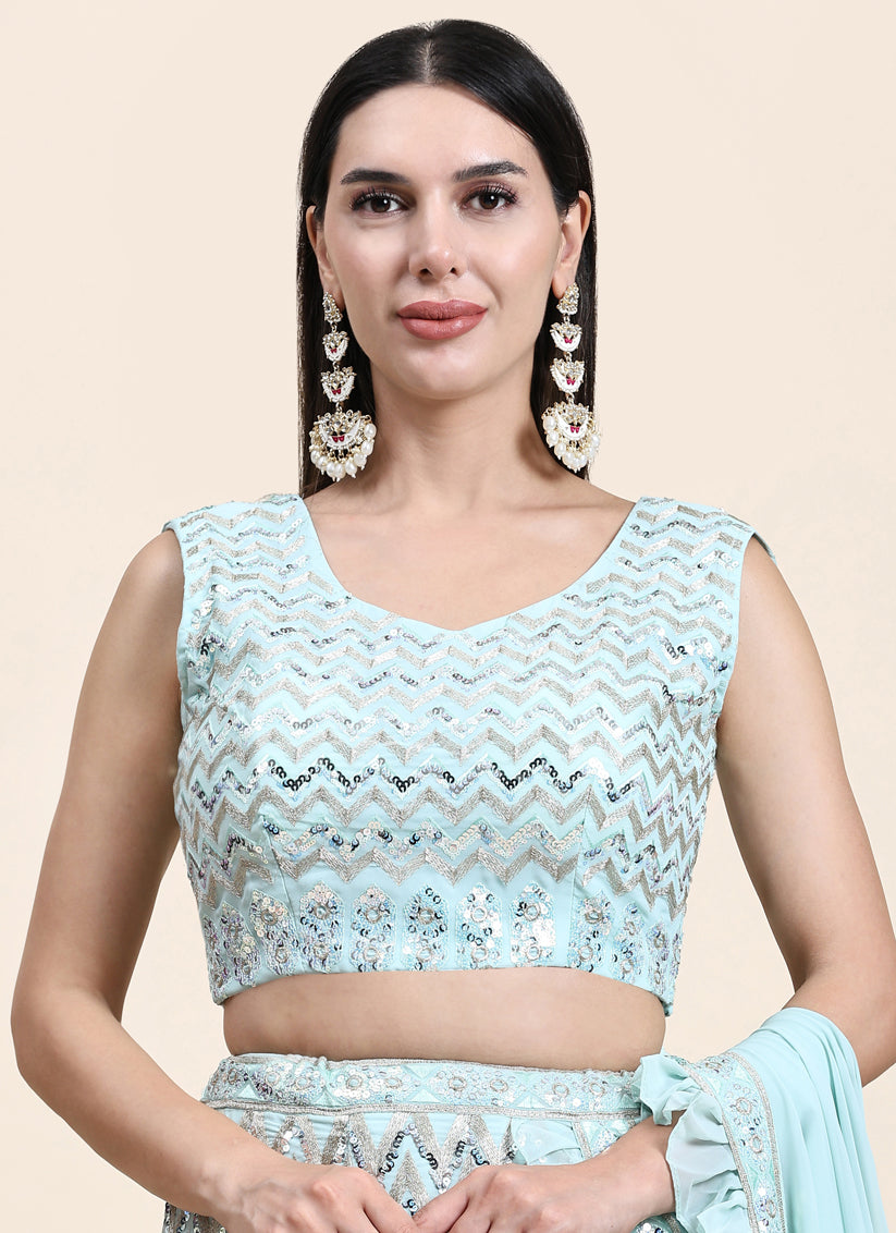 Ice Blue Pure Viscose Georgette Readymade Lehenga Choli