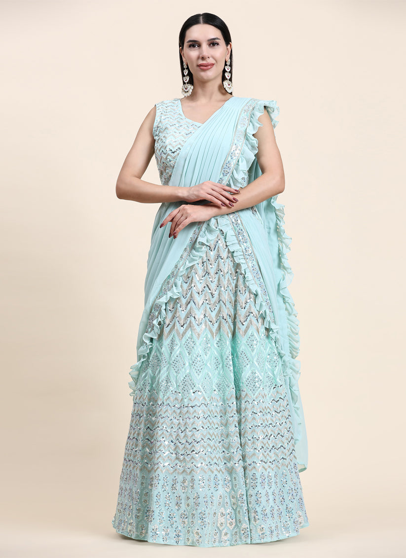 Ice Blue Pure Viscose Georgette Readymade Lehenga Choli