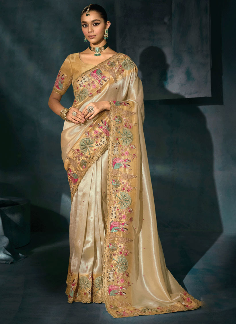 Luxurious Cream Pure Silk Saree