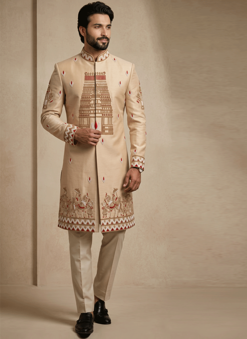 Beige Satin Silk Ready Made Indo Western