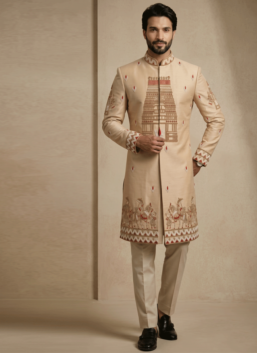 Beige Satin Silk Ready Made Indo Western