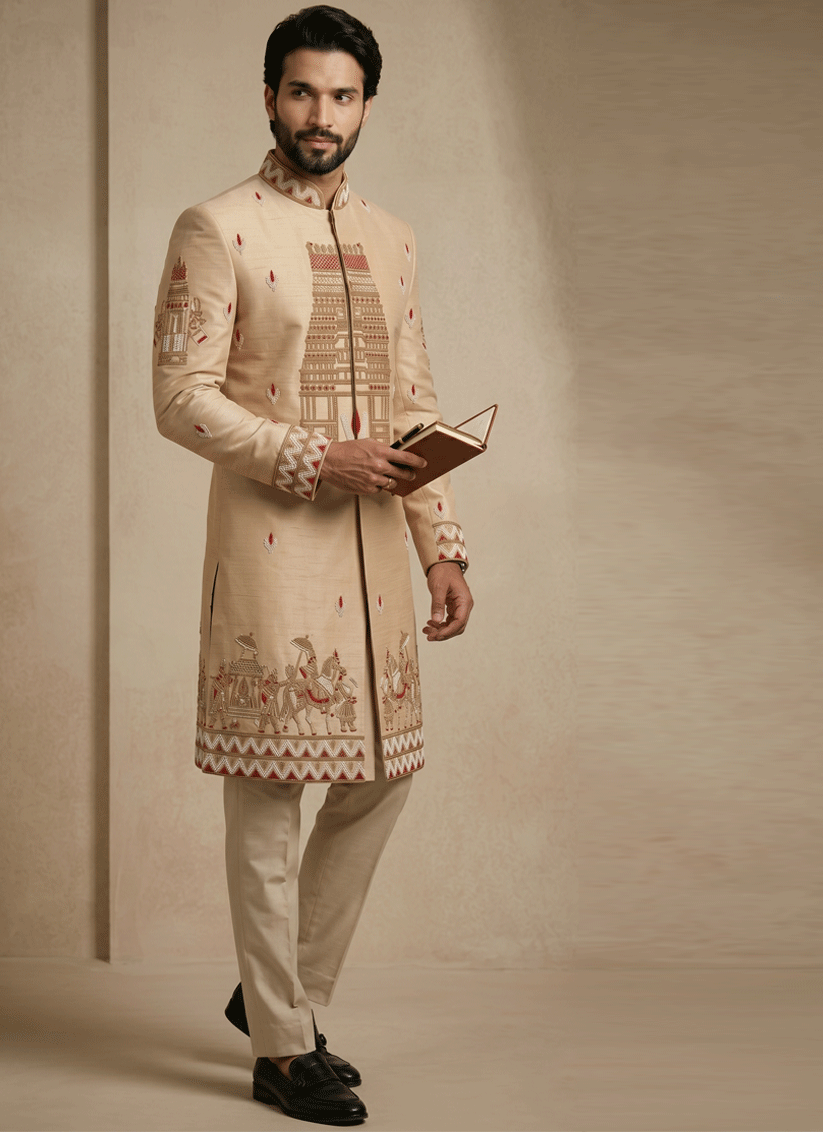 Beige Satin Silk Ready Made Indo Western