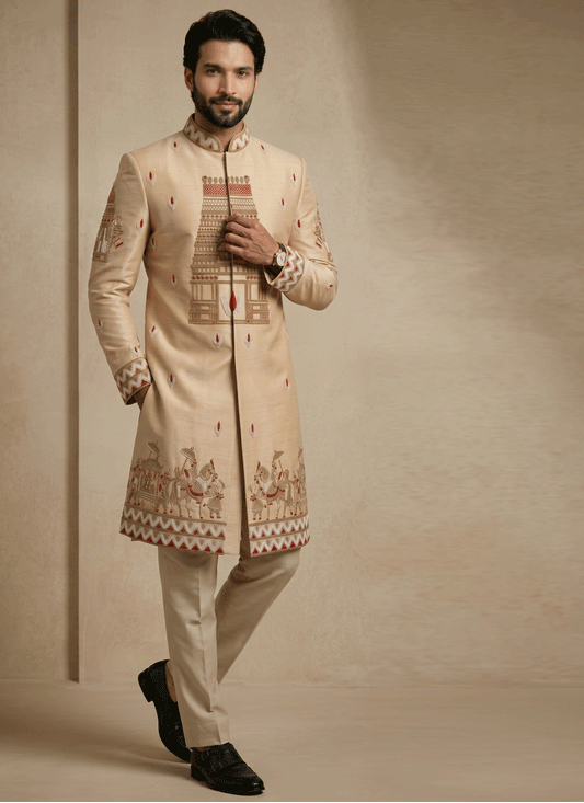 Beige Satin Silk Ready Made Indo Western