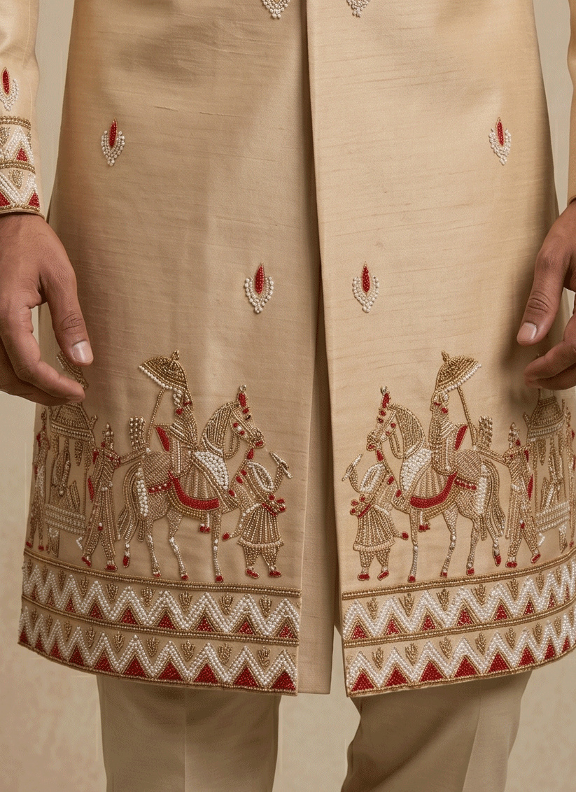 Beige Satin Silk Ready Made Indo Western