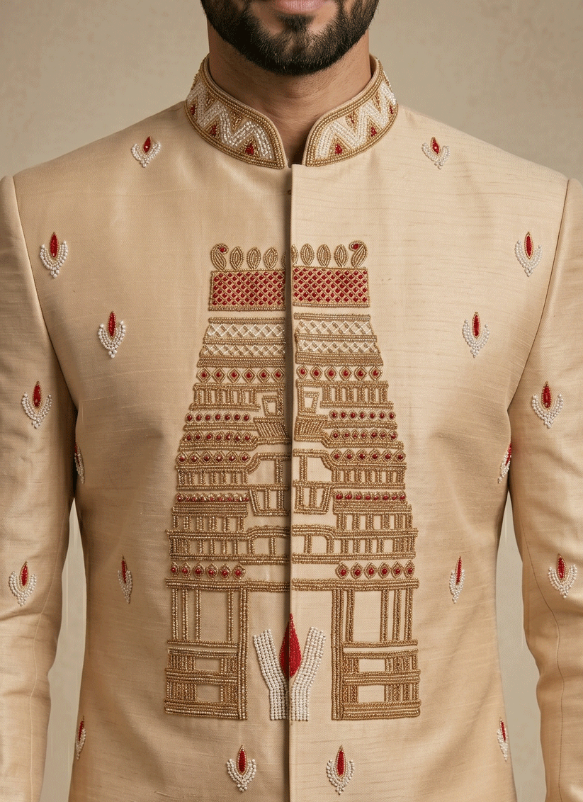 Beige Satin Silk Ready Made Indo Western