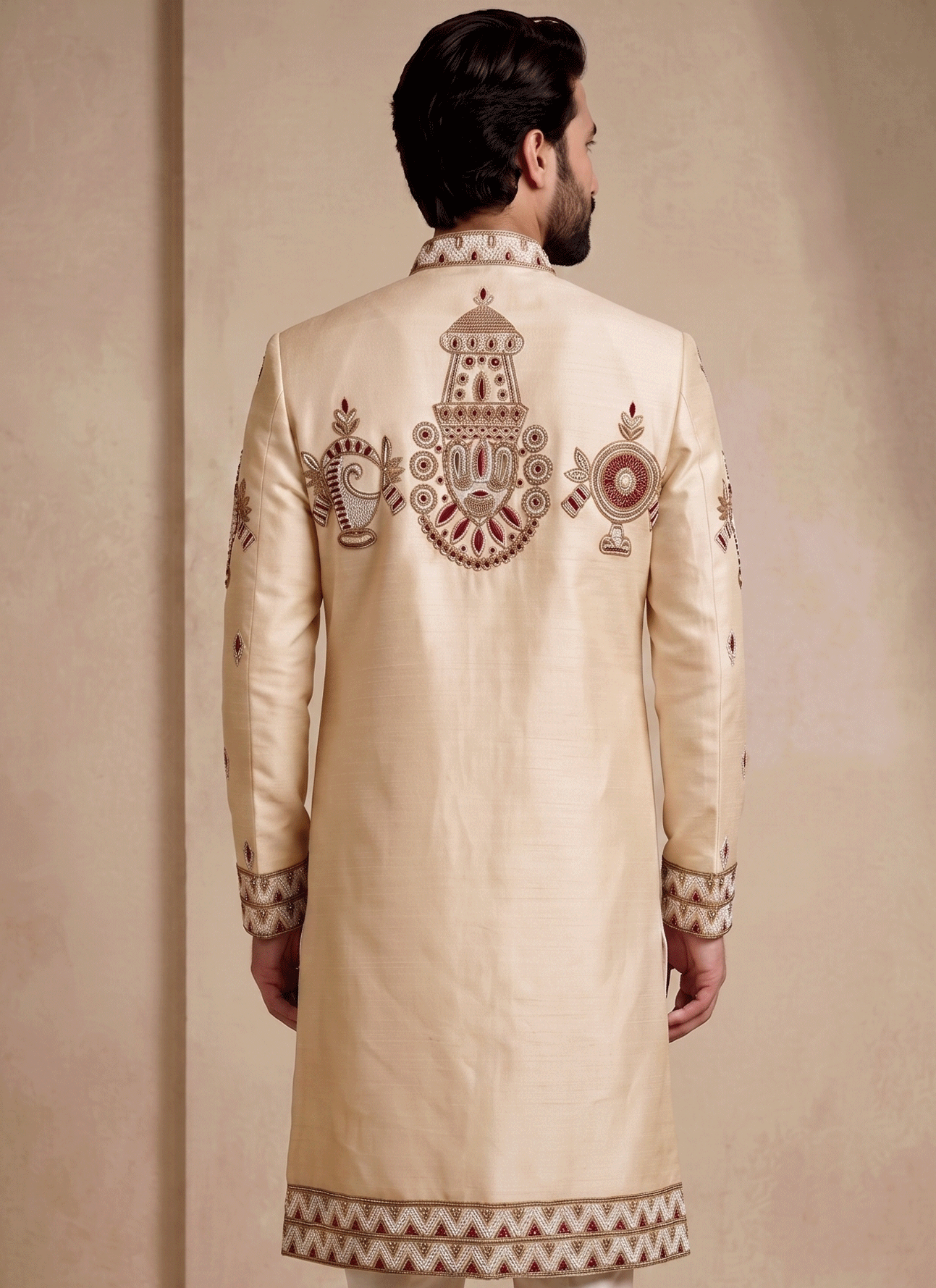 Beige Satin Silk Ready Made Indo Western