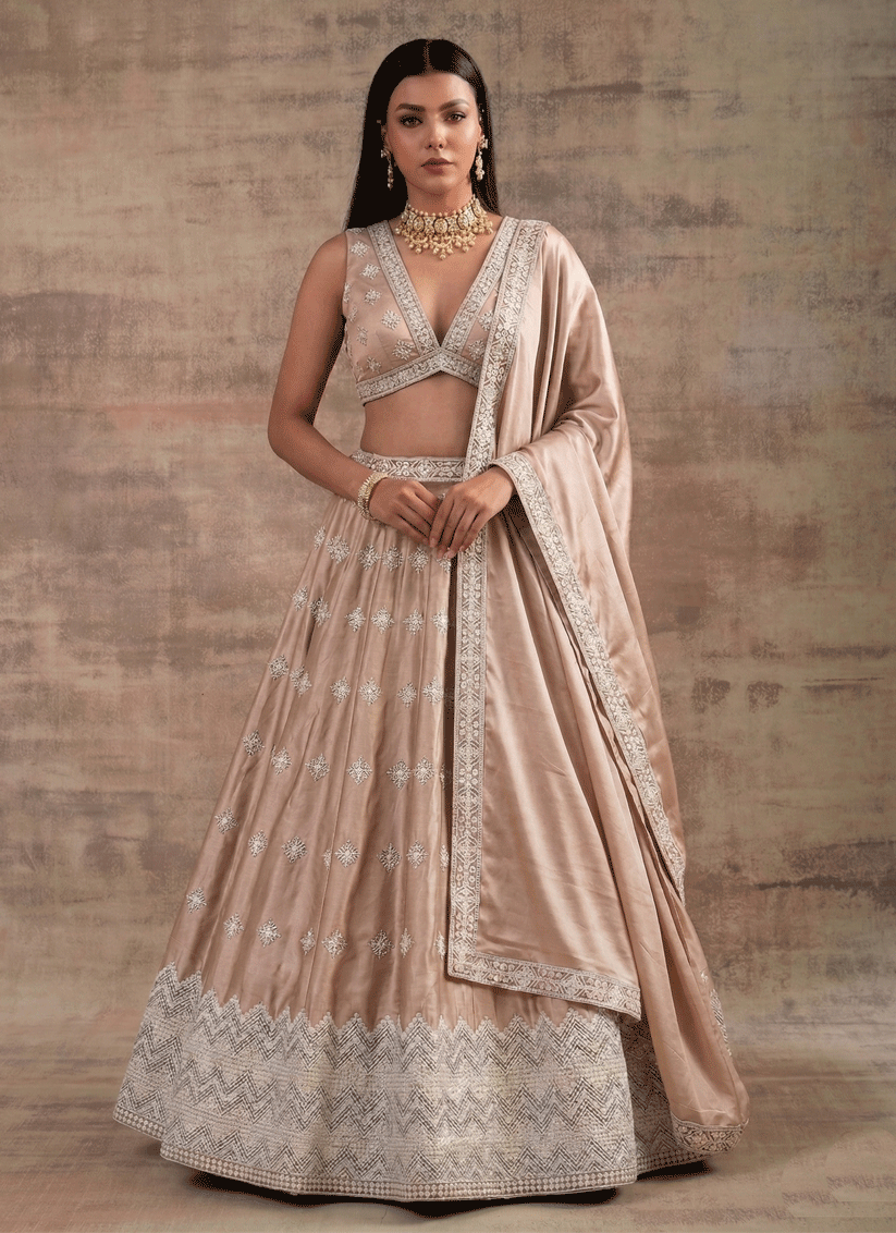 Cream Premium Satin Silk Bridal Lehenga with Intricate Zari Sequins