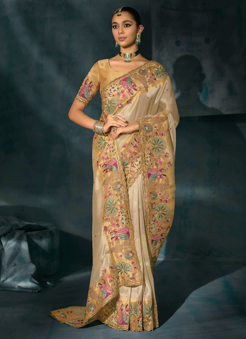 Luxurious Cream Pure Silk Saree