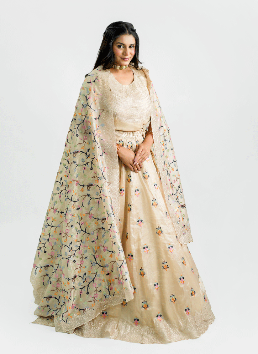 Cream Tissue Heavy  Embroidered Designer Lehenga Choli