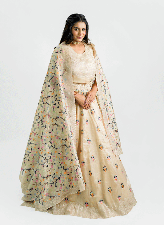 Cream Tissue Heavy  Embroidered Designer Lehenga Choli