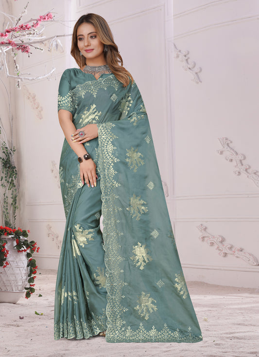 Firozi Organza Soft Silk Embroidered Saree