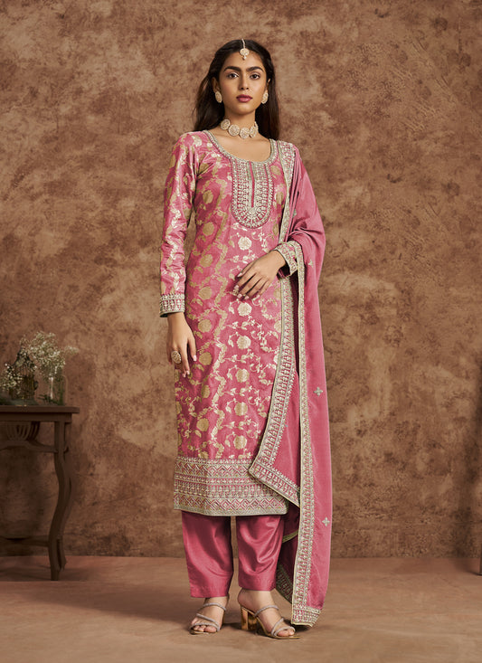 Melon Pink Dola Jacquard & Embroidered  Plus Size Suit