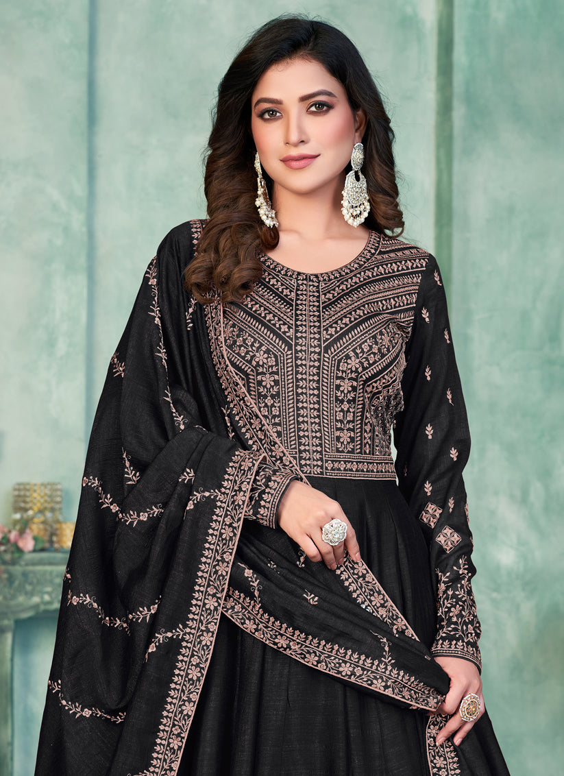 Black Art Silk Embroidered Anarkali Dress
