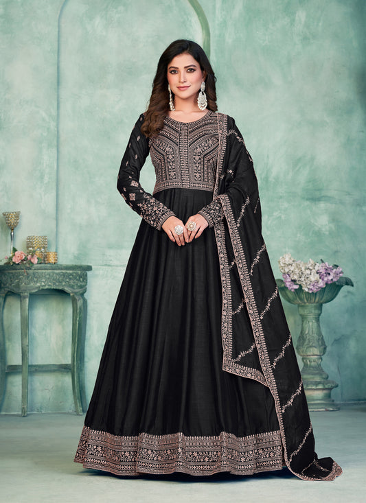 Black Art Silk Embroidered Anarkali Dress