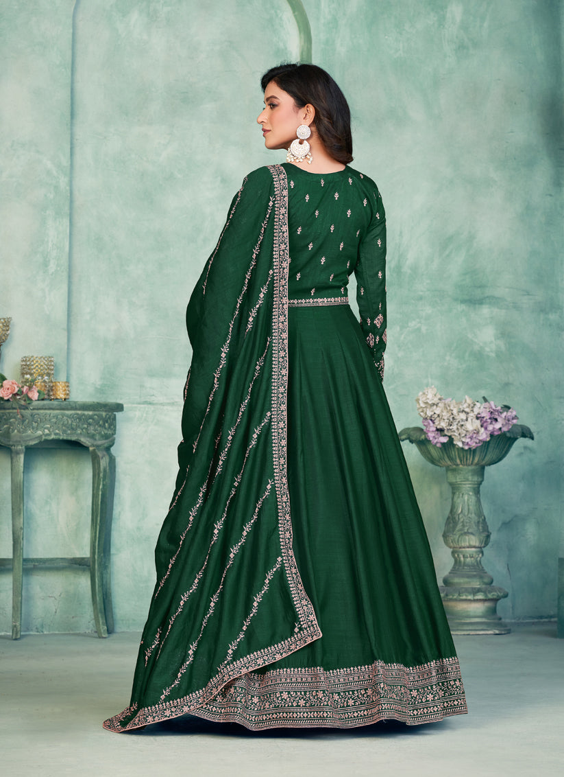 Bottle Green Art Silk Embroidered Anarkali Dress