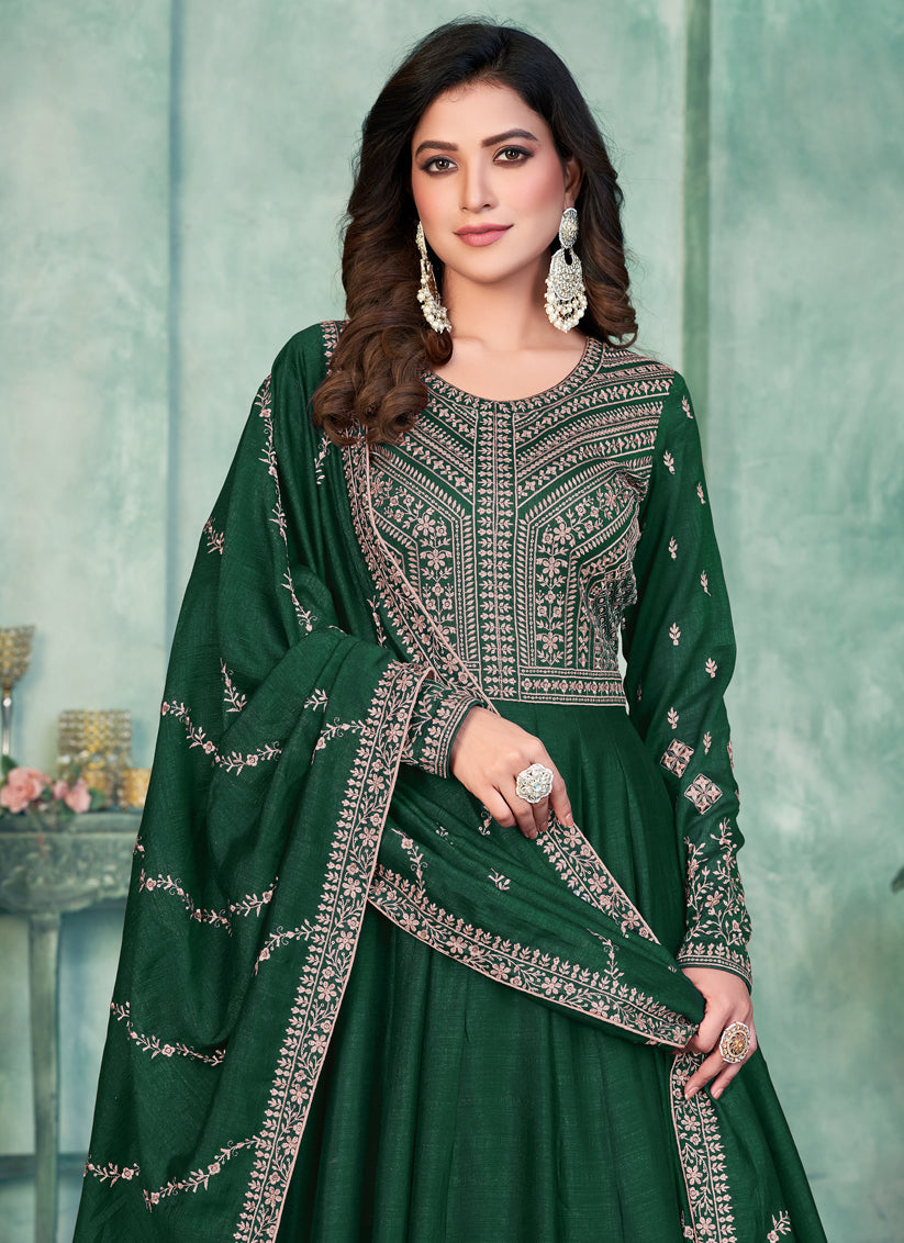 Bottle Green Art Silk Embroidered Anarkali Dress