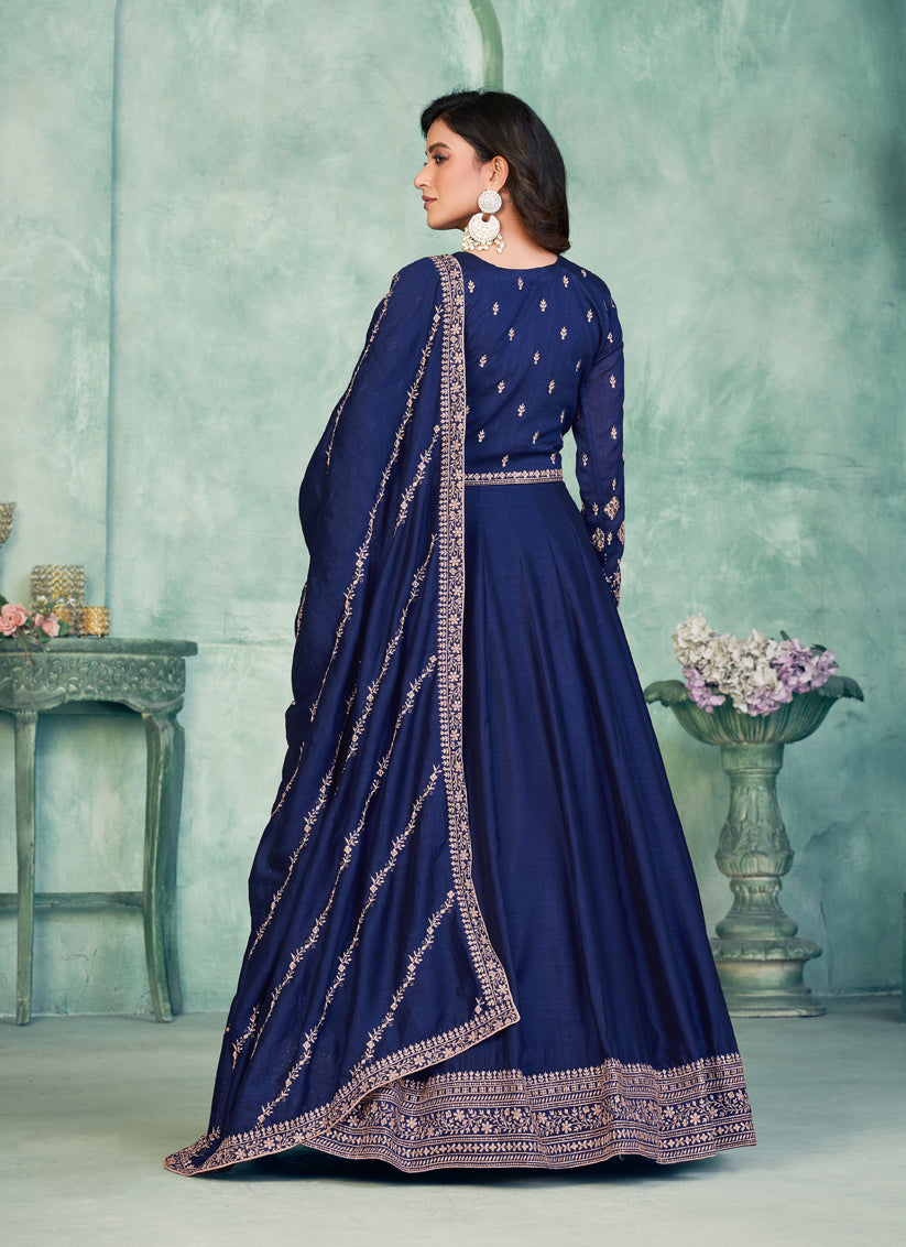 Navy Blue Art Silk Embroidered Anarkali Dress