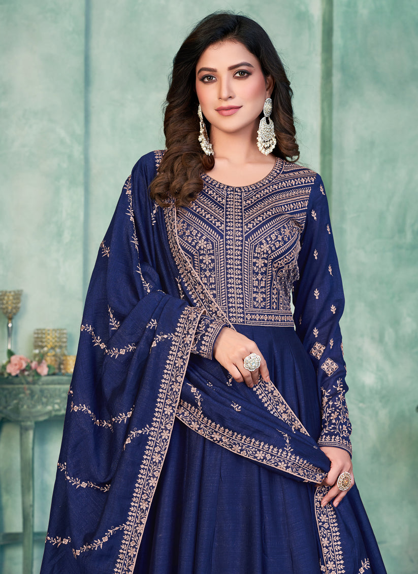 Navy Blue Art Silk Embroidered Anarkali Dress