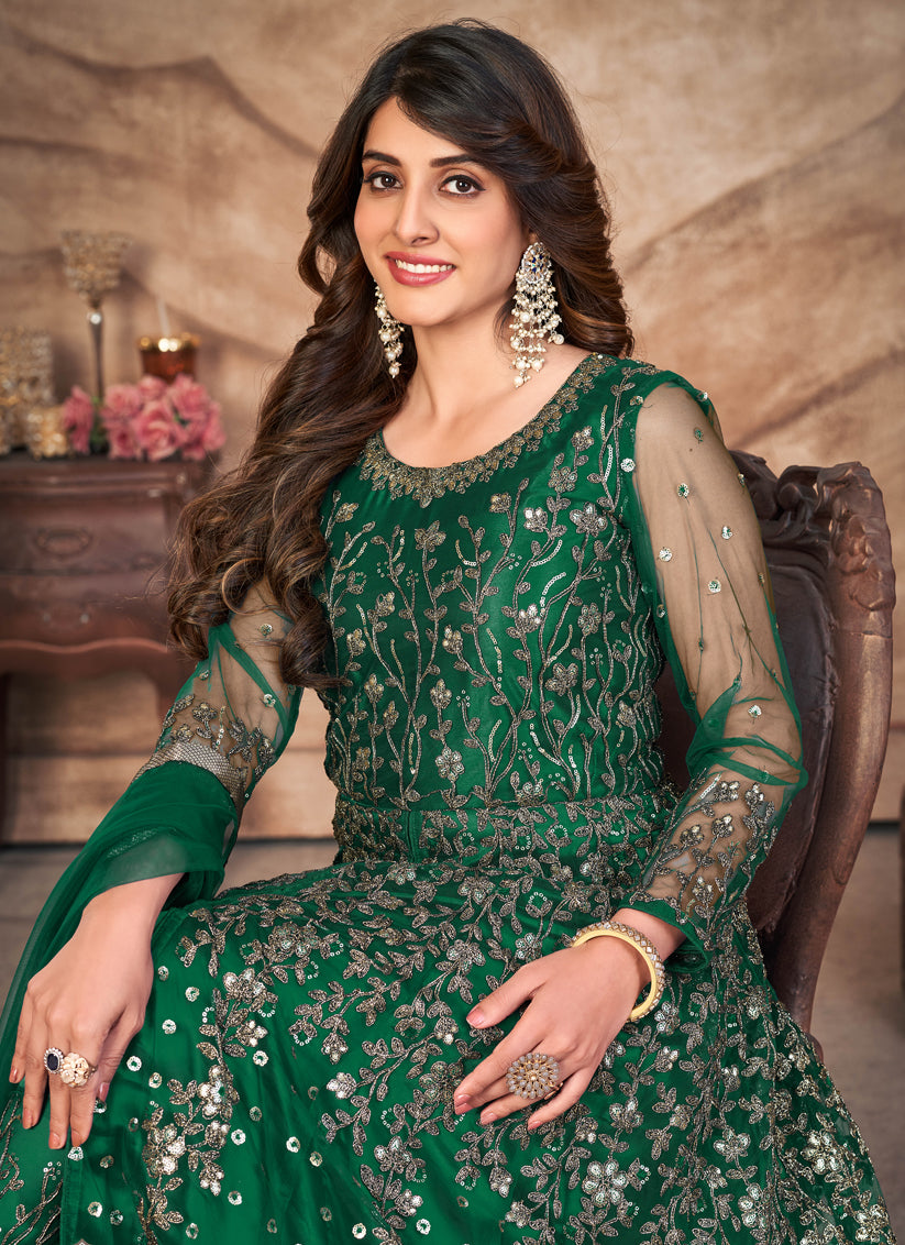 Emerald Green Net Embroidered Pant Kameez