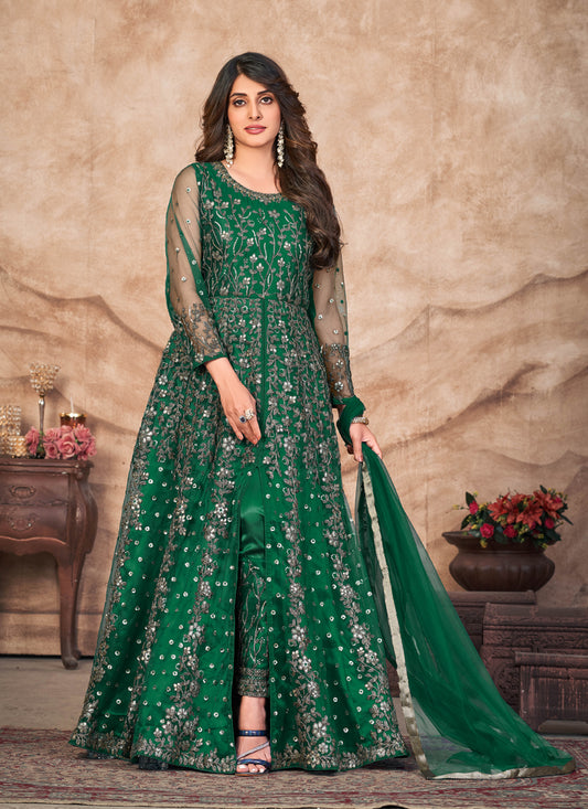 Emerald Green Net Embroidered Pant Kameez