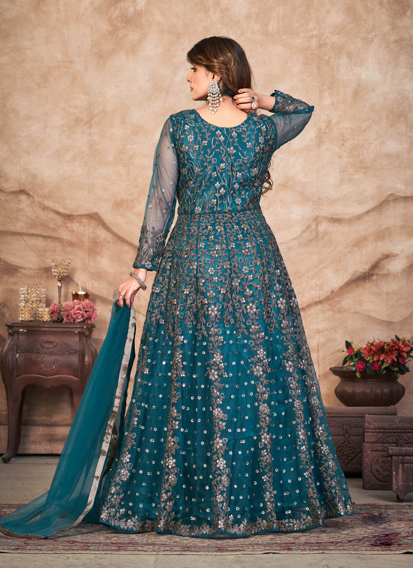 Peacock Blue Net Embroidered Pant Kameez