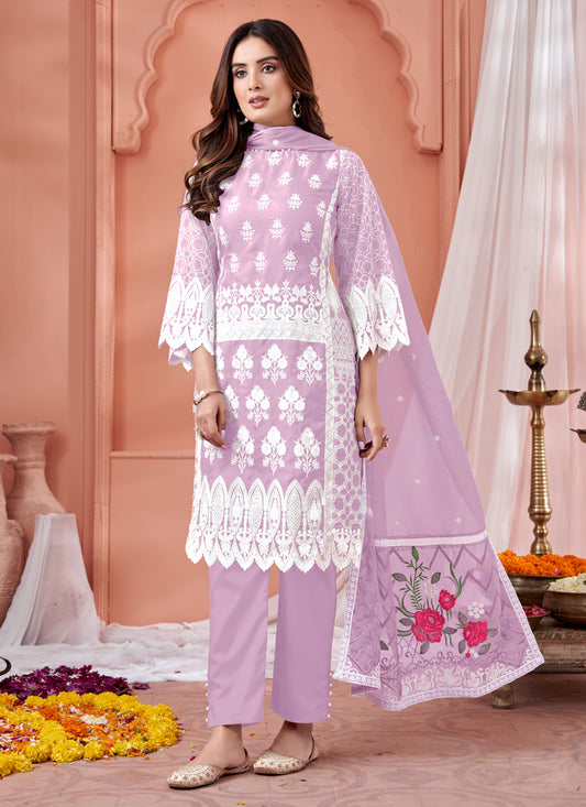 Lilac Pink Organza Embroidered Pant Kameez