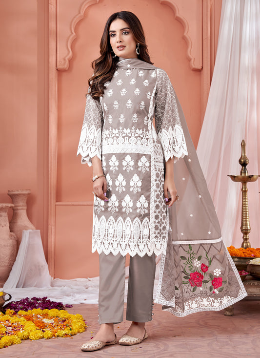 Taupe Grey Organza Embroidered Pant Kameez