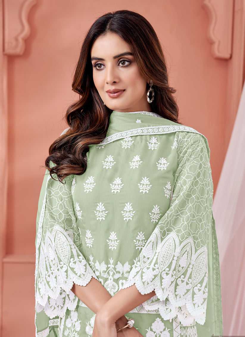 Pistachio Green Organza Embroidered Pant Kameez