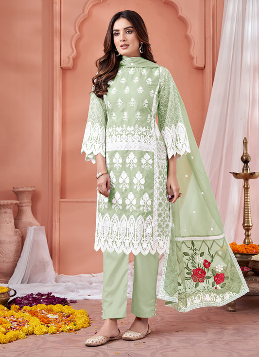 Pistachio Green Organza Embroidered Pant Kameez