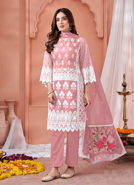 Coral Pink Organza Embroidered Pant Kameez