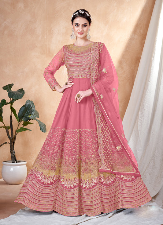 Coral Pink Net Embroidered Anarkali Dress