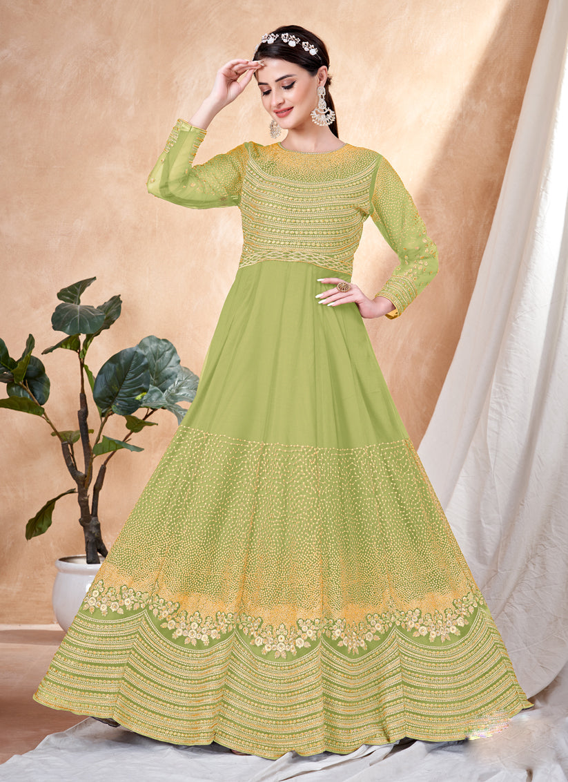 Pear Green Net Embroidered Anarkali Dress