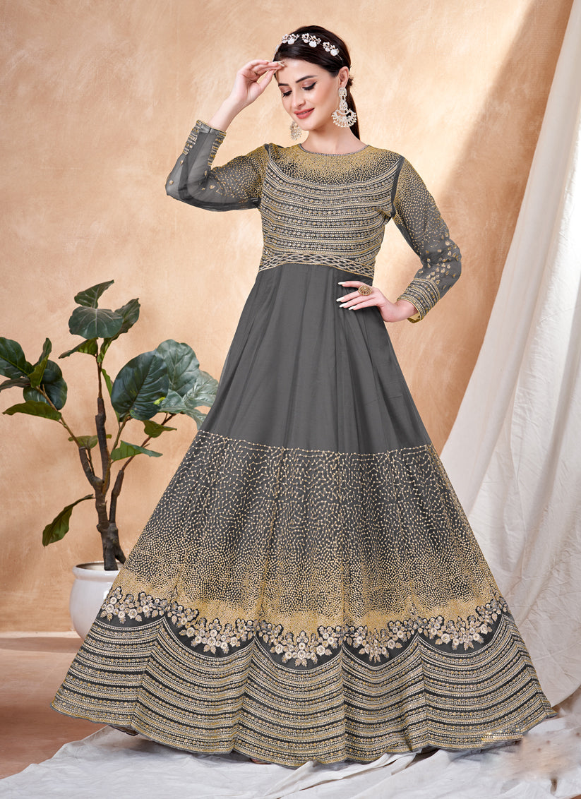 Dusty Slate Grey Net Embroidered Anarkali Dress