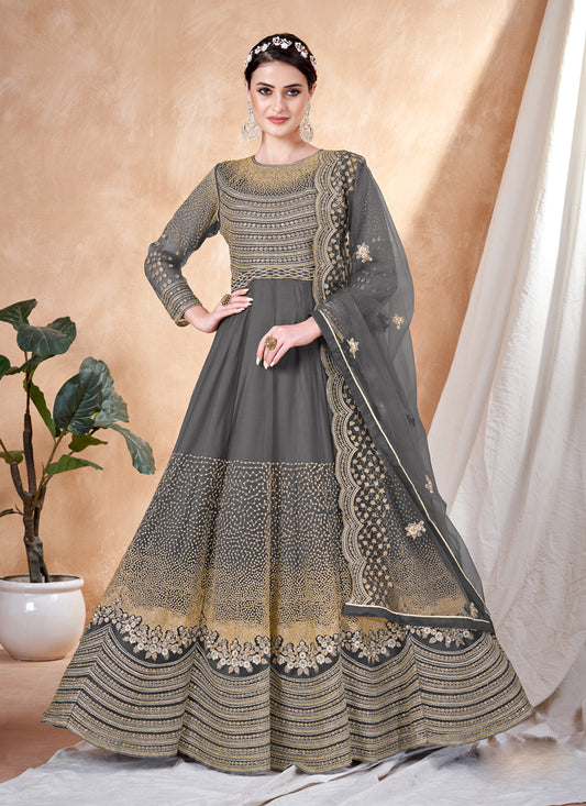 Dusty Slate Grey Net Embroidered Anarkali Dress
