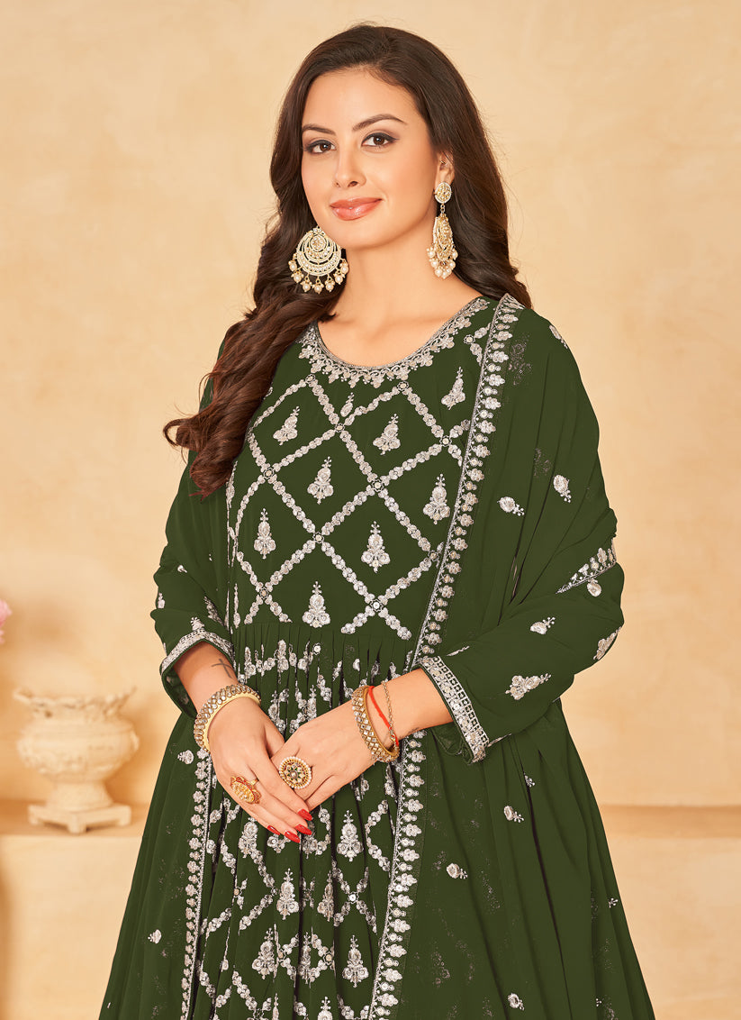 Mehendi Green Designer Embroidered Churidar Kameez Suit