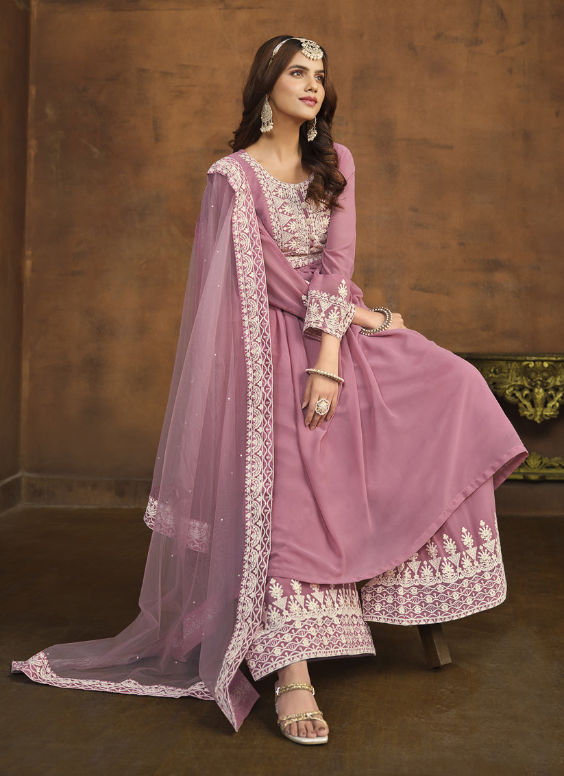 Carnation Pink Faux Georgette Embroidered Palazzo Kameez
