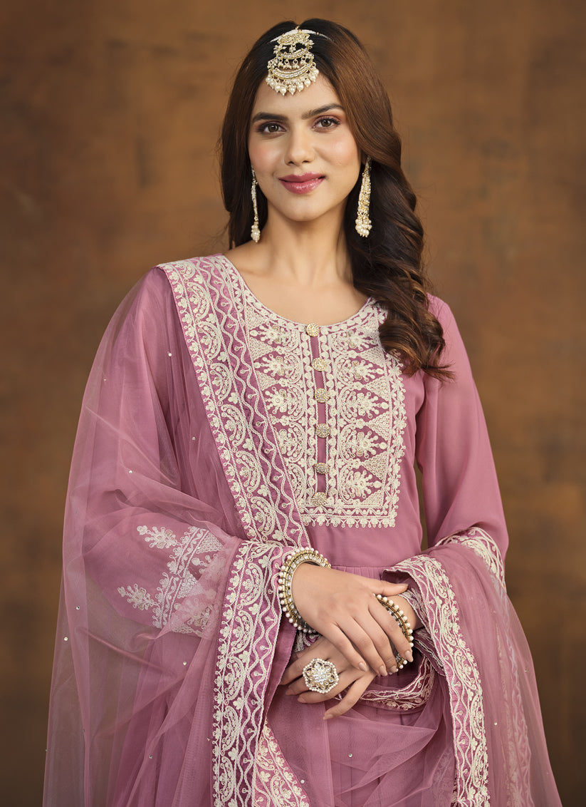 Carnation Pink Faux Georgette Embroidered Palazzo Kameez