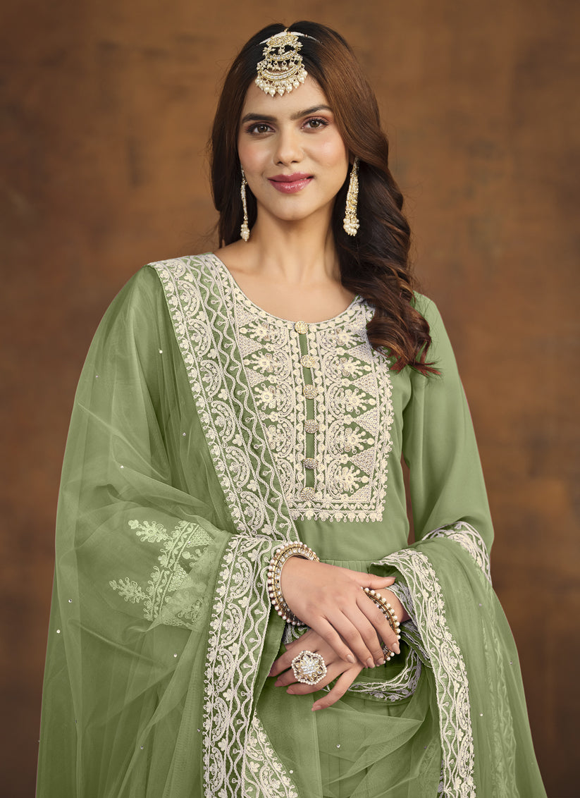 Pistachio Green Faux Georgette Embroidered Palazzo Kameez