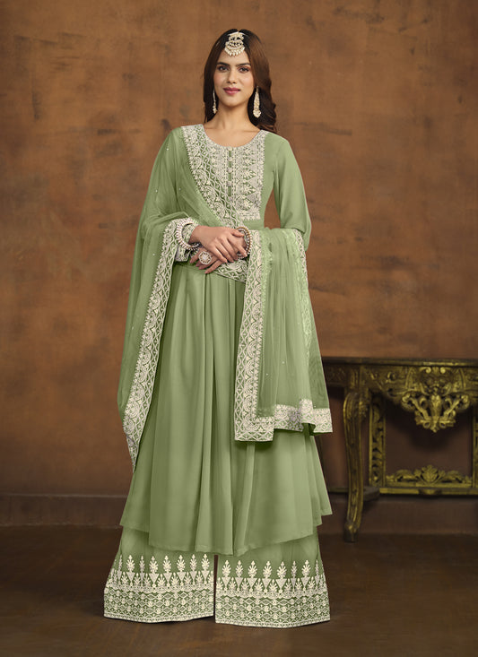 Pistachio Green Faux Georgette Embroidered Palazzo Kameez