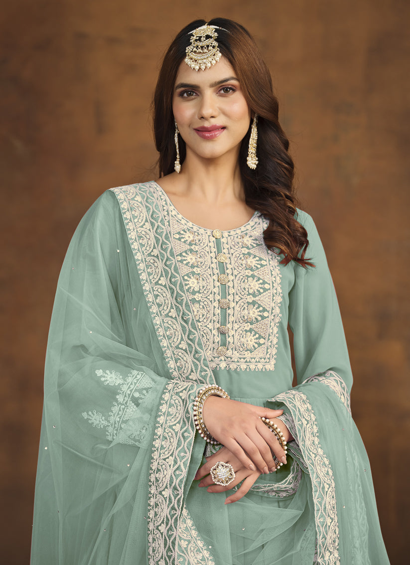 Mint Blue Faux Georgette Embroidered Palazzo Kameez