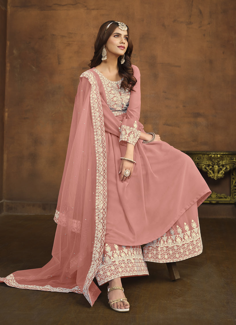 Coral Pink Faux Georgette Embroidered Palazzo Kameez