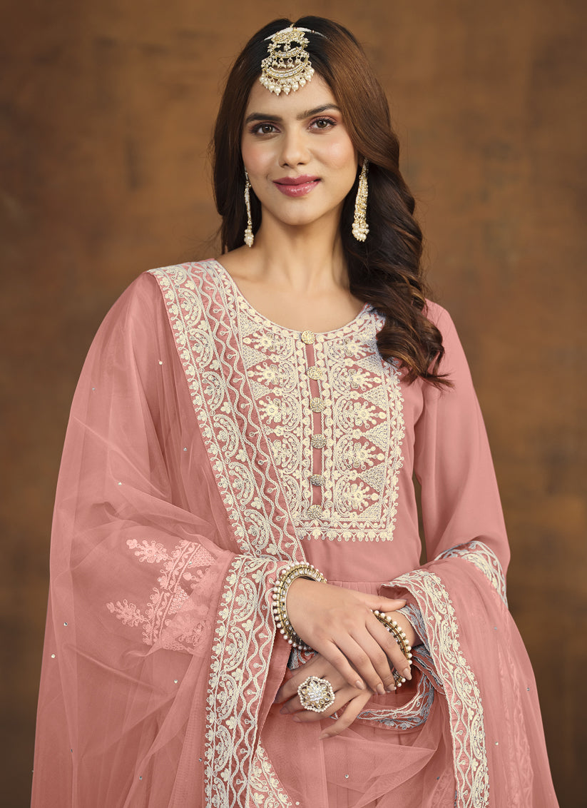 Coral Pink Faux Georgette Embroidered Palazzo Kameez