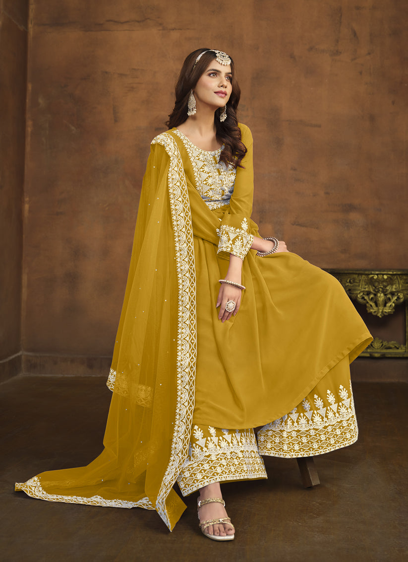 Mustard Faux Georgette Embroidered Palazzo Kameez