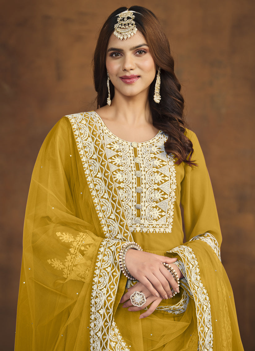 Mustard Faux Georgette Embroidered Palazzo Kameez