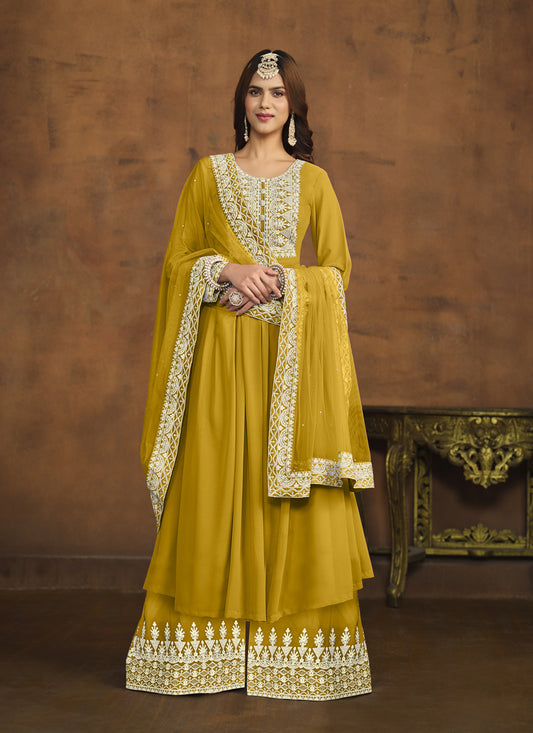 Mustard Faux Georgette Embroidered Palazzo Kameez